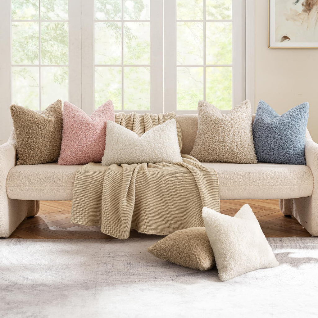 Decorative Faux Fur Pillow Covers Euro Sherpa 22x22 Neutral White