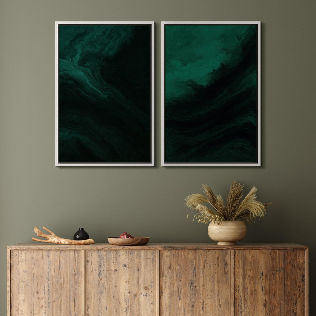 Framed Canvas Print Wall Art Set Deep Emerald Abstract Dark Green Marble Effect Illustrations Modern Art Decorative