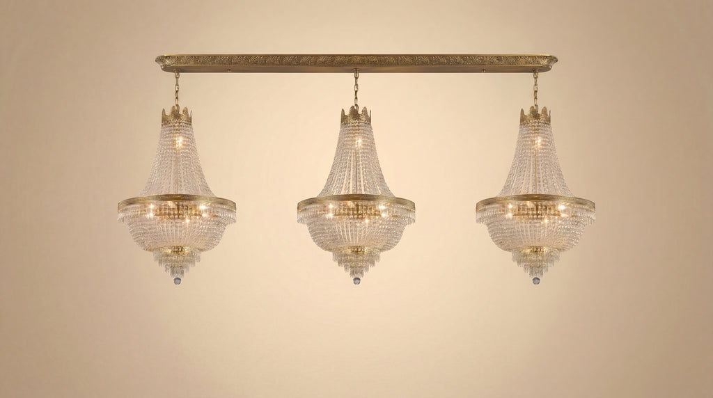 Set of 3 French Empire Crystal Chandeliers - Gold Finish - H30" X W17" 4 Lights Each - Dining Room, Foyer, Entry Way, Living Room