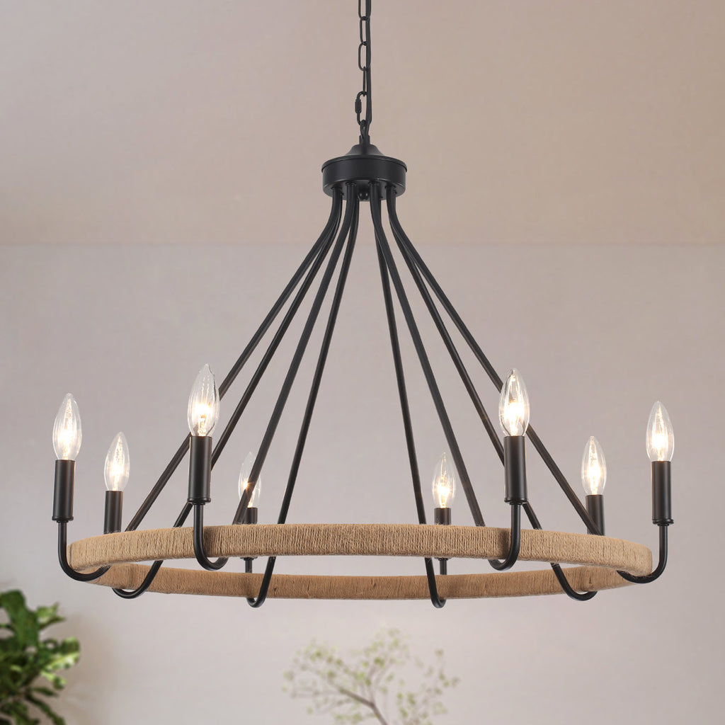 8-Light Dimmable Wagon Wheel Rattan Chandelier