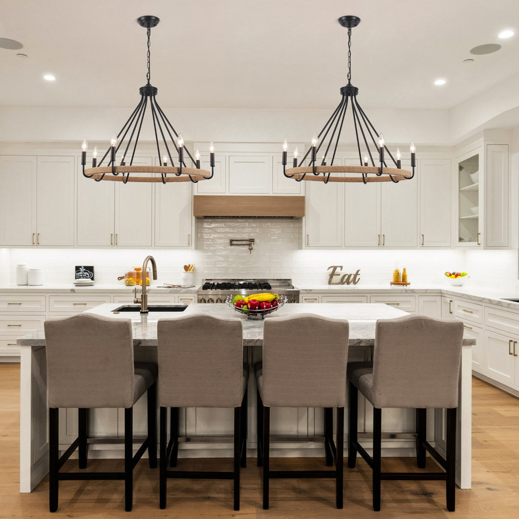 8-Light Dimmable Wagon Wheel Rattan Chandelier