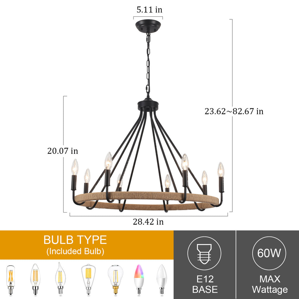 8-Light Dimmable Wagon Wheel Rattan Chandelier