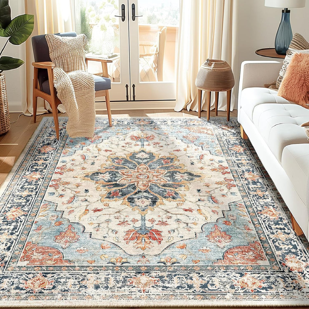 Area Rugs Washable Non-Slip, Floral Vintage Distress Print Pattern Medallion Carpet for Living Room Bedroom Dining Room