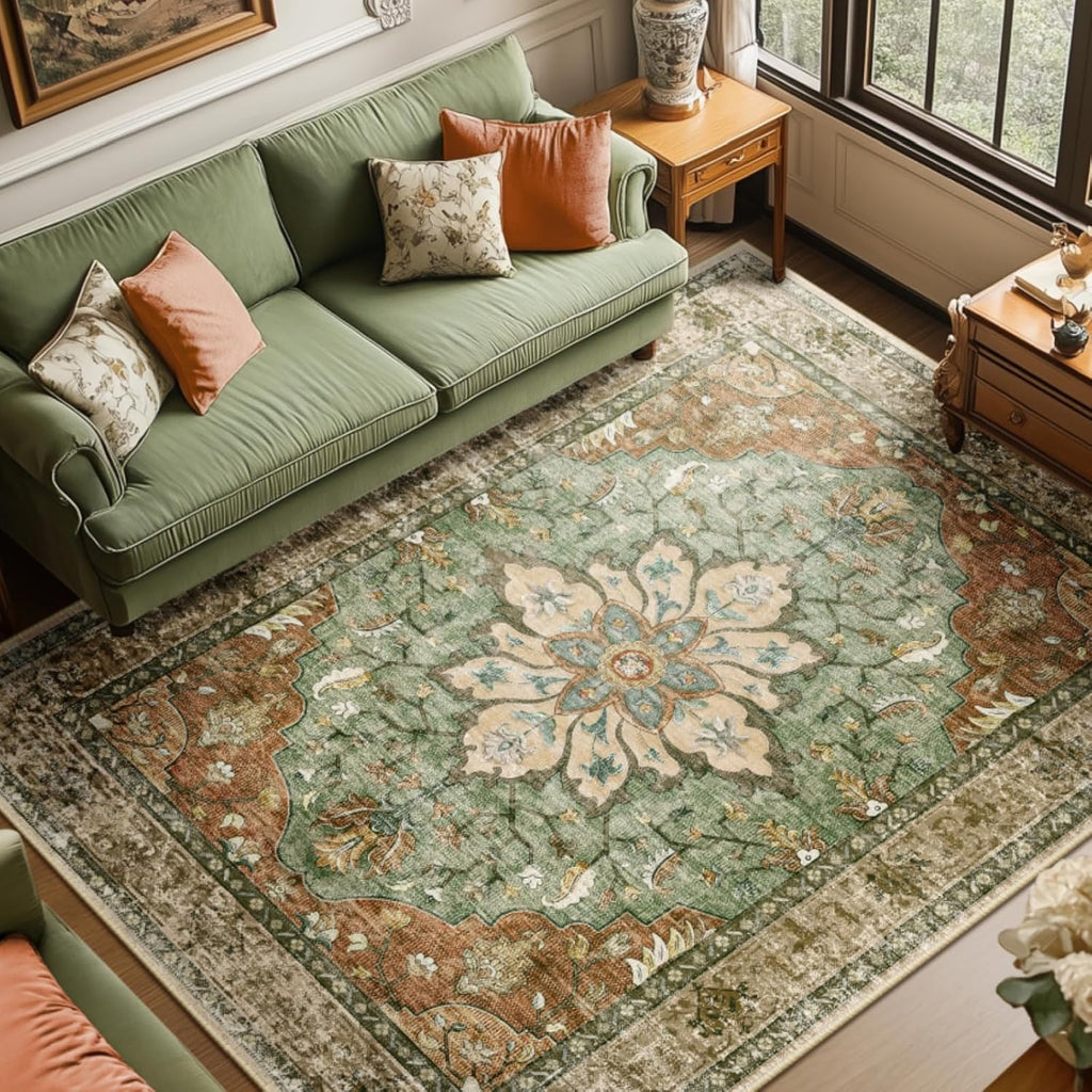 Area Rugs Washable Non-Slip, Floral Vintage Distress Print Pattern Medallion Carpet for Living Room Bedroom Dining Room