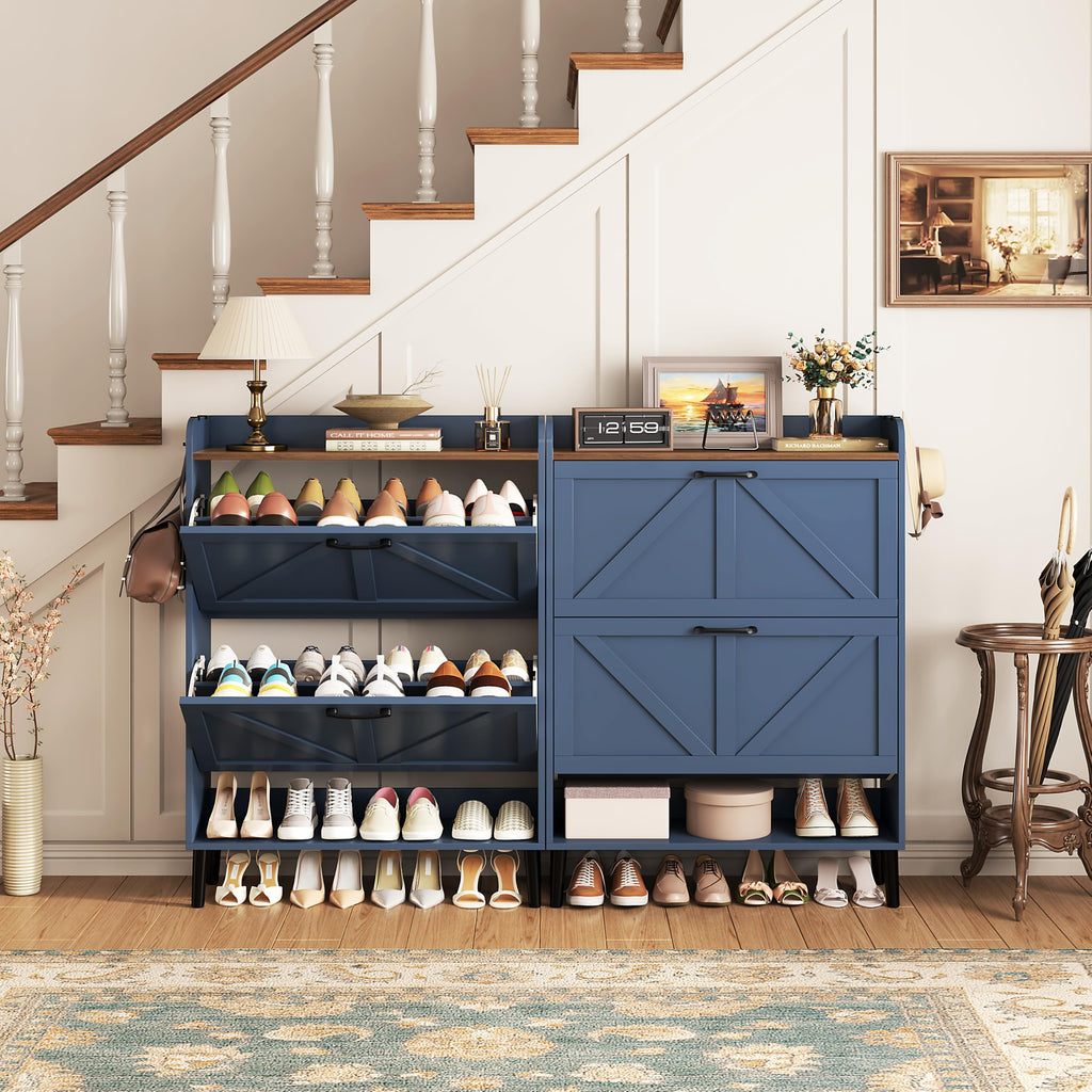 Shoe Storage Cabinet, Slim Shoe Organizer with Two Flip Drawers, Narrow Shoe Holder with Wood Legs, Farmhouse Hidden