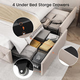 Queen Bed Frame with 4 Storage Drawers and 47.2" Tall Tufted Headboard Linen Upholstered Platform Bed Frame Wingback
