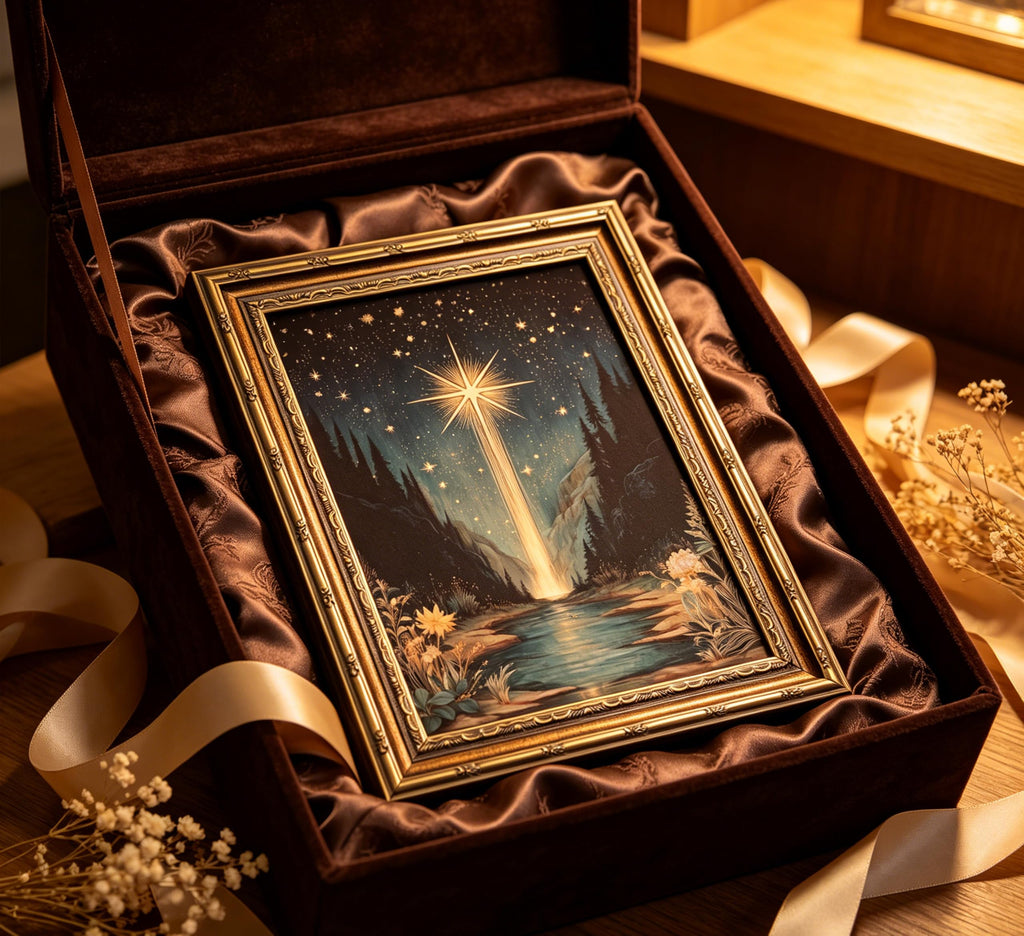 Vintage Gold Framed Celestial bodies Starlight Landscape Wall Art, Celestial Night Sky Canvas Print Poster, Magical