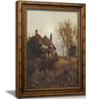 Vintage Gold Framed Wall Art, Antique Country Cottage Landscape Oil Painting Print, Classic Rustic Farmhouse Decor