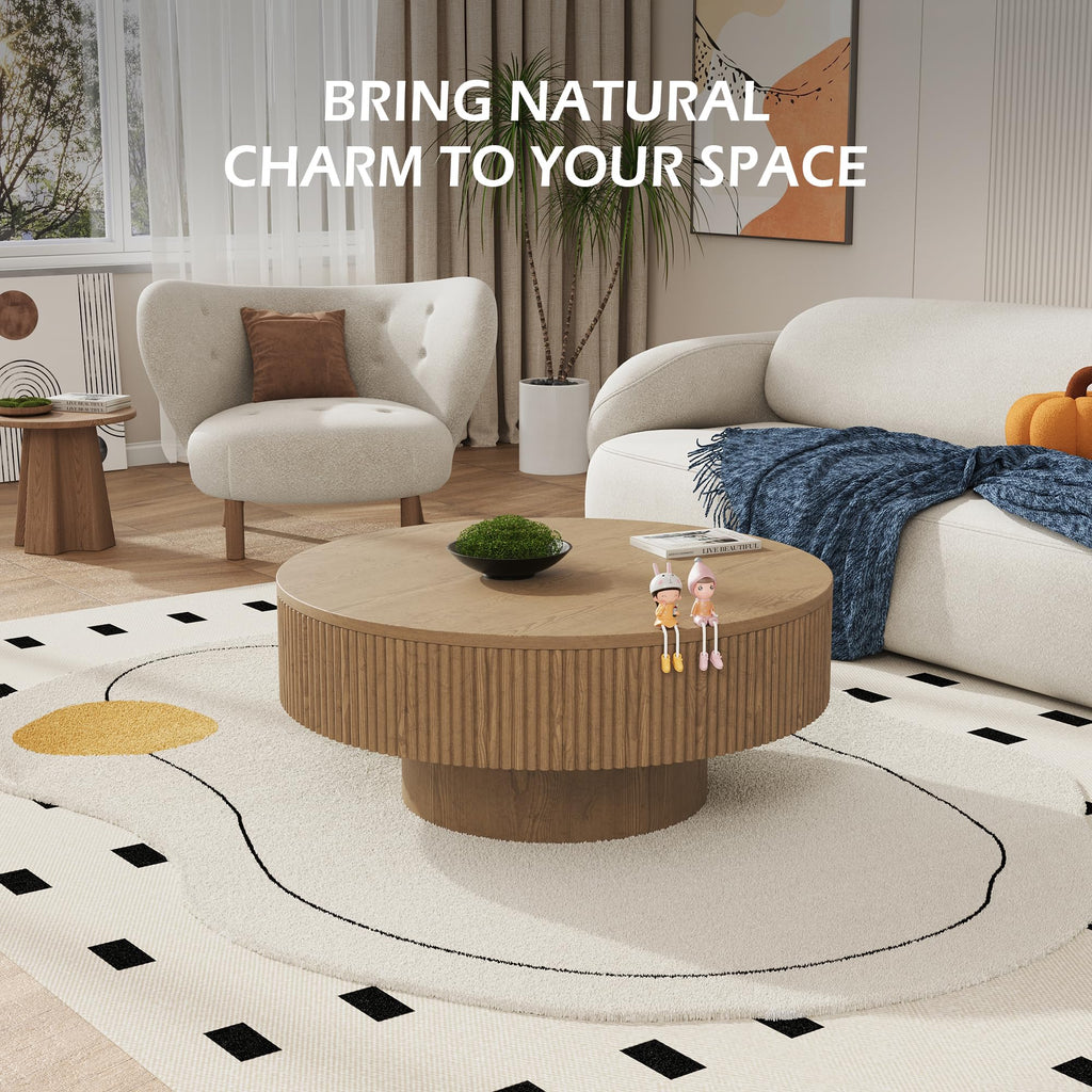 31.5" Round Fluted Coffee Table, Modern Wood Circle Coffee Table, Veneer Handcrafted Relief Tea Table with Sturdy