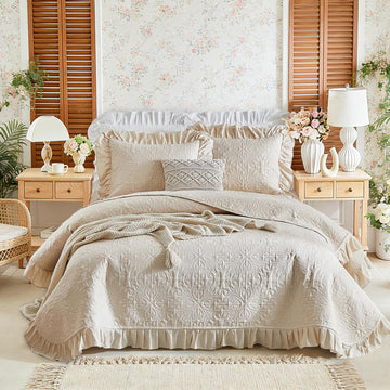 Ruffles Quilt Set 96 * 96in - 3 Pieces Solid Shabby Chic Farmhouse Ruffled Bedding Rustic Coverlet