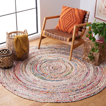 Cape Cod Round Rug 4', Jute Braided Beige & Multicolored CAP202B | 1/4" Pile, Indoor Rug, Handwoven, Braided Jute &