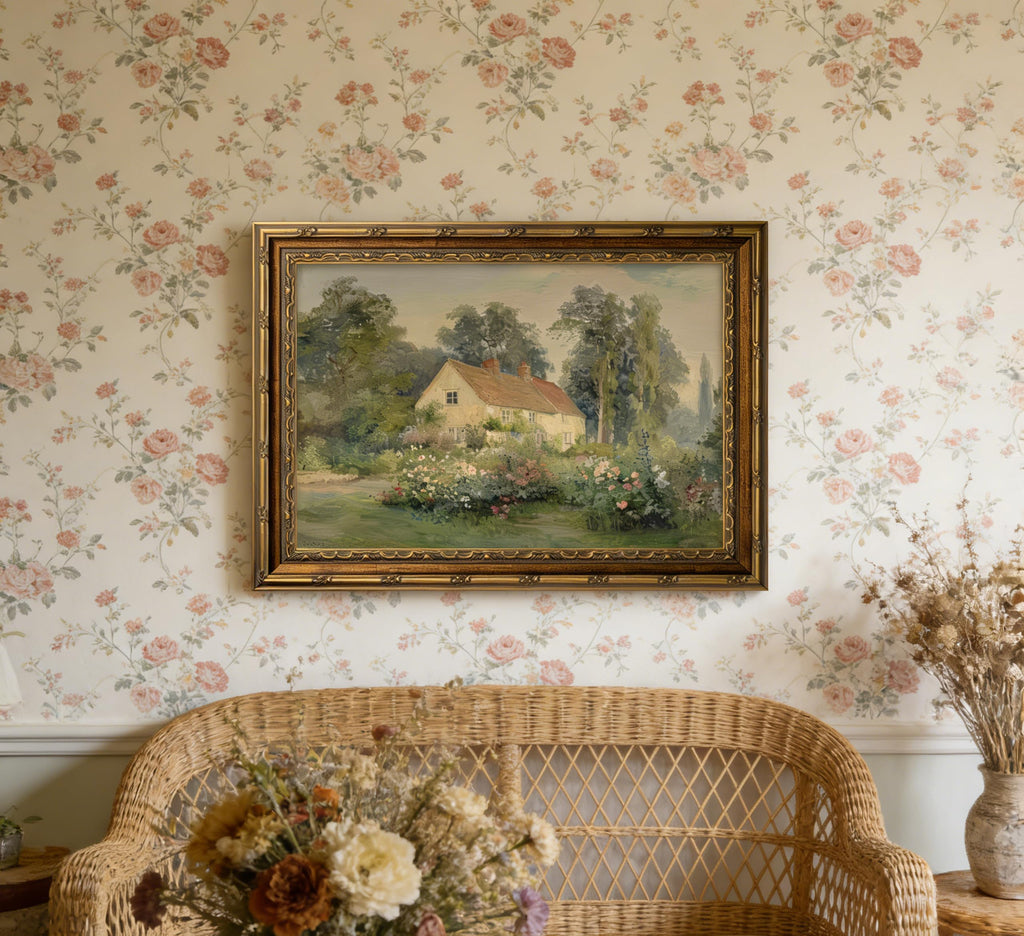 Vintage Carved Gold Frame Canvas Wall Art Classical Nature Landscape Painting Picture Wall Decor Rustic Cottage