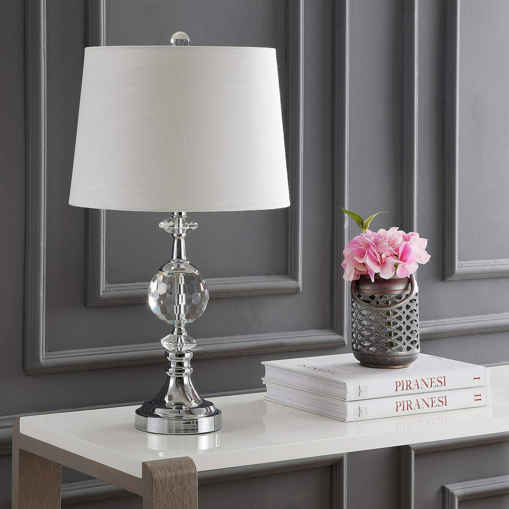25.5" Clear Crystal and Chrome Table Lamp, Glam Faceted Sphere Bedside Lamp with White Linen Drum Shade