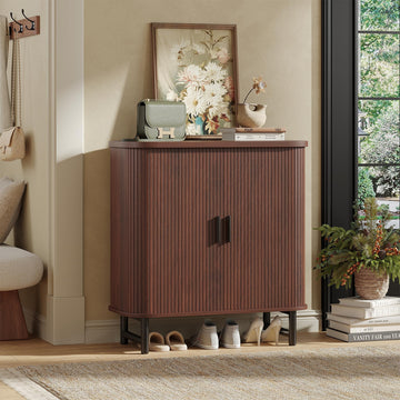 Shoe Storage Cabinet with Smooth Fluted Sliding Doors, 4-Tier Shoe Cabinet Storage, Narrow Hidden Shoe Rack for