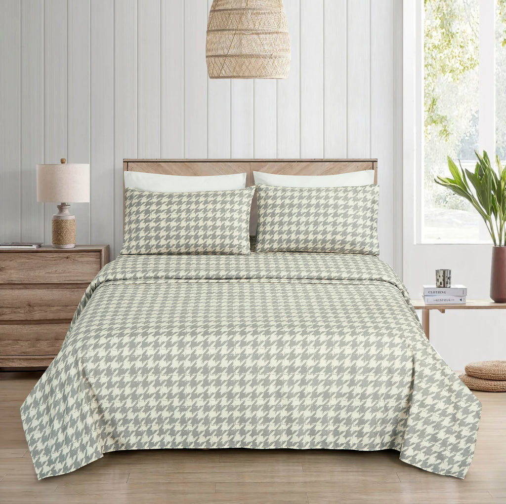 5-Piece Lodge Plaid Sheet Set Split King - Gray Houndstooth Printed Brushed Microfiber Lightweight Breathable Deep