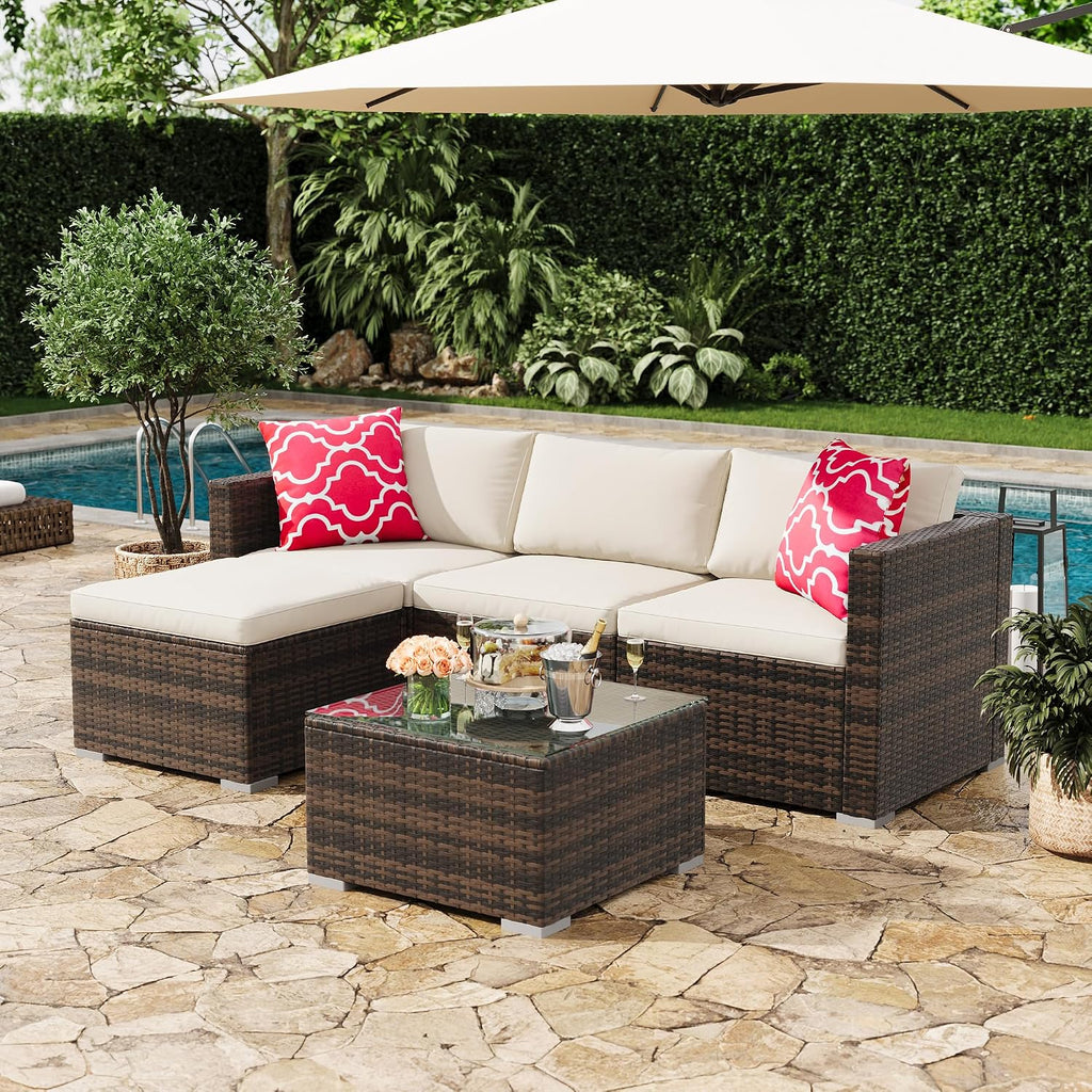 5-Piece Outdoor Patio Sectional Sofa Set - Brown/Beige | PE Rattan L-Shaped All-Weather Conversation Furniture Set