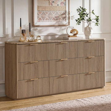 63"W Fluted 9 Drawer Dresser, Large Modern Dresser, Natural Oak