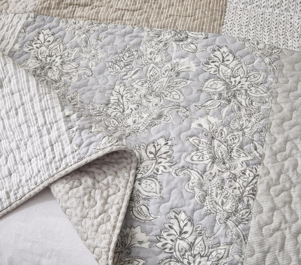 3-Piece Neutral Taupe Gray White Floral Hibiscus Flower Candy Stripe Patchwork Quilt Set - Pre-Washed Cotton