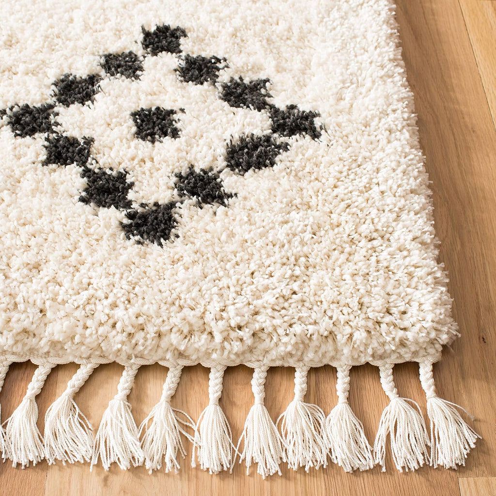 Moroccan Fringe Shag Collection Area Rug, Cream & Charcoal, Boho Tribal, Non-Shedding & Easy Care