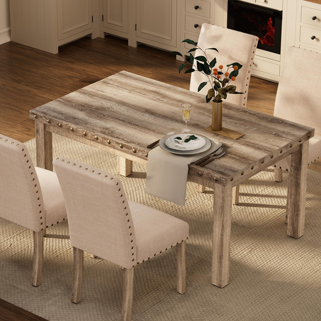 Modern Fort 5-Piece Farmhouse Dining Table Set for 4, 60" Rectangular Wood Dining Table with 4 Upholstered Chairs