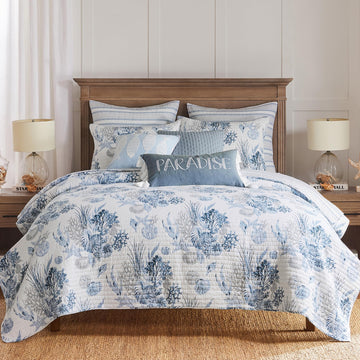 Coral Landing Quilt Set - Quilt and One Standard Sham - Coastal - Navy Blue Grey White - Quilt (68x86in.) and