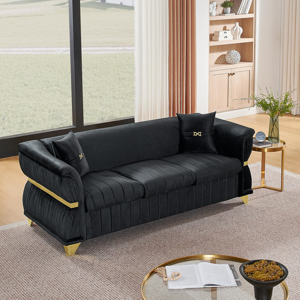 84" Luxury Oversized Chesterfield Sofa with 2 Pillow & Gold Stainless Decoration, Modern 3-Seater Couch with Rolled