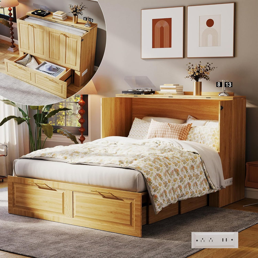 Murphy Bed Full: Oak 2 in 1 Murphy Bed Cabinet with Drawer, Wood Cabinet Bed with Charging Station, Modern Hidden