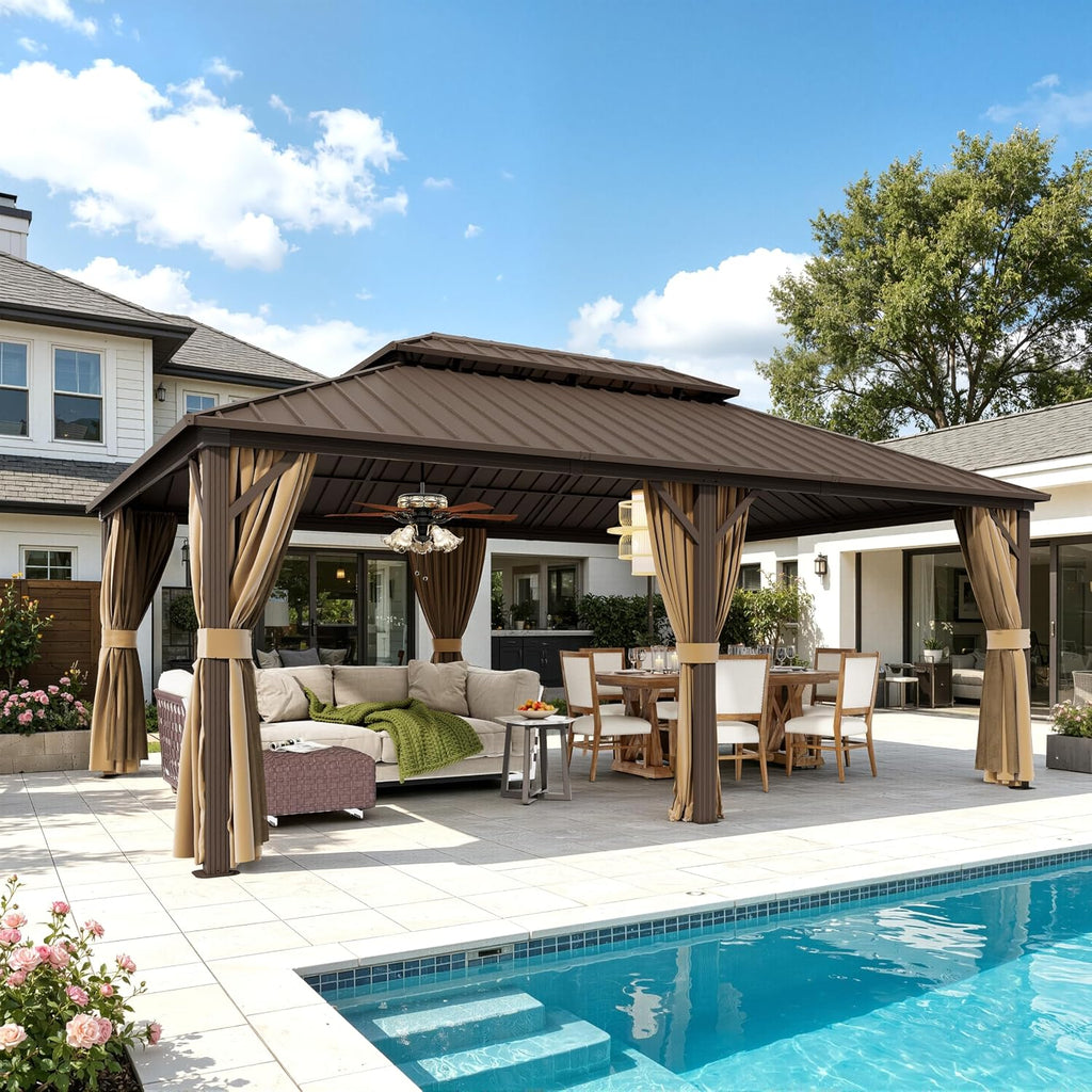14×20 ft Outdoor Gazebo with Double-Layered Galvanized Steel roof, Hard-top Canopy Featuring Curtains and mesh Panels