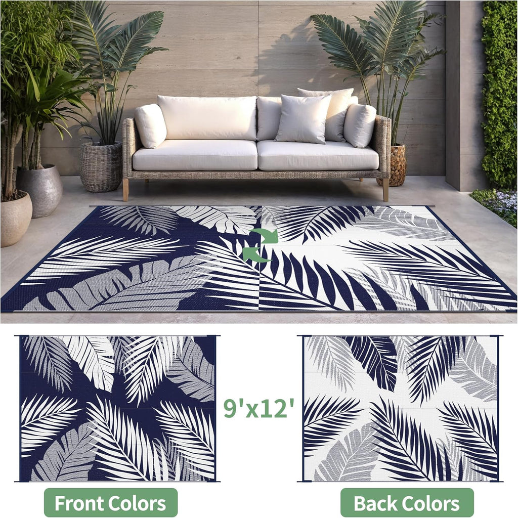 Outdoor Rug 9’x12’ Waterproof for Patio Clearance, Reversible Indoor Outdoor Plastic Straw Camping R