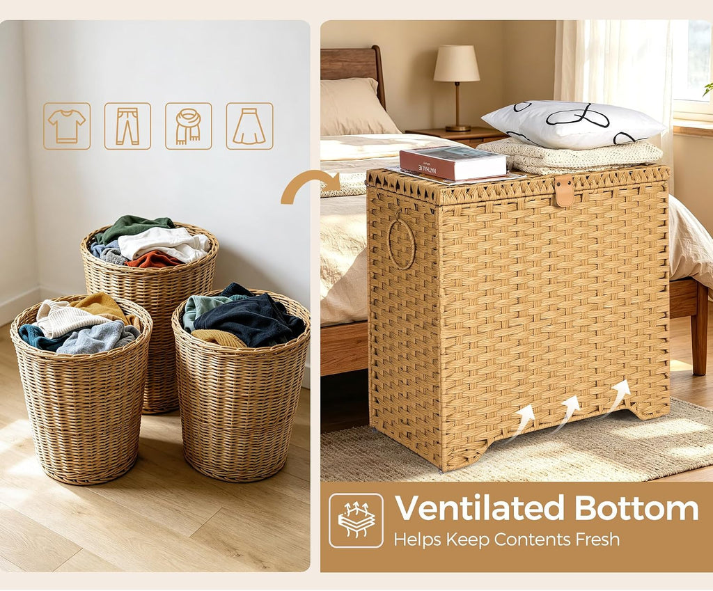 130L Wicker Laundry Hamper with Lid, 3-Section Laundry Basket | 3 Removable Liner Bags; 4 Included Mesh Laundry Bags;