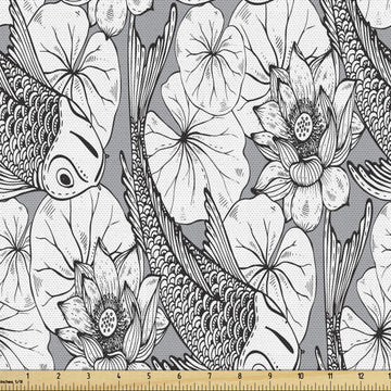 East Fabric by The Yard, Sketch Style Lotus and Carp Koi Fish Japanese of Friendship Monochrome, Decorative Fabric