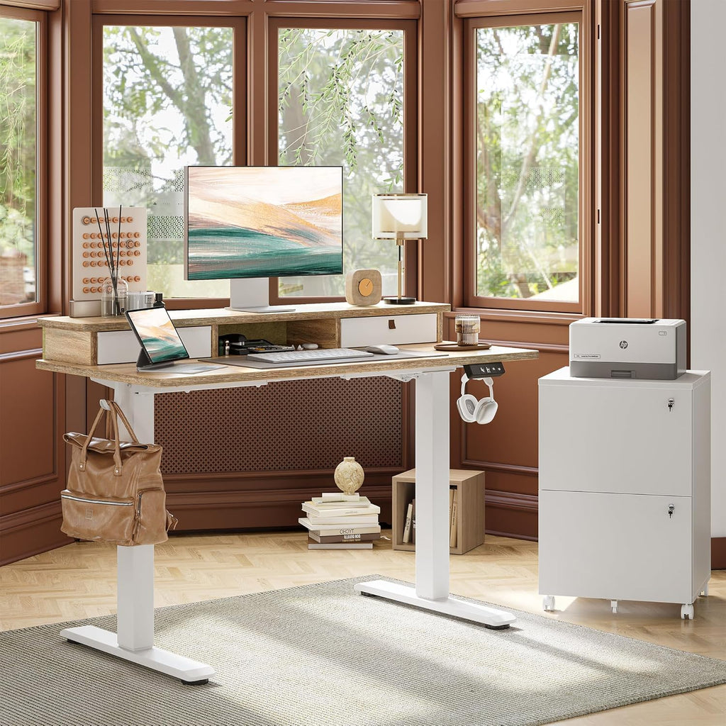 48 * 24 inch Standing Desk with Two Drawers&Top Shelf, Maple | Smooth Height Adjustment, 2 Memory Presets, One-Touch