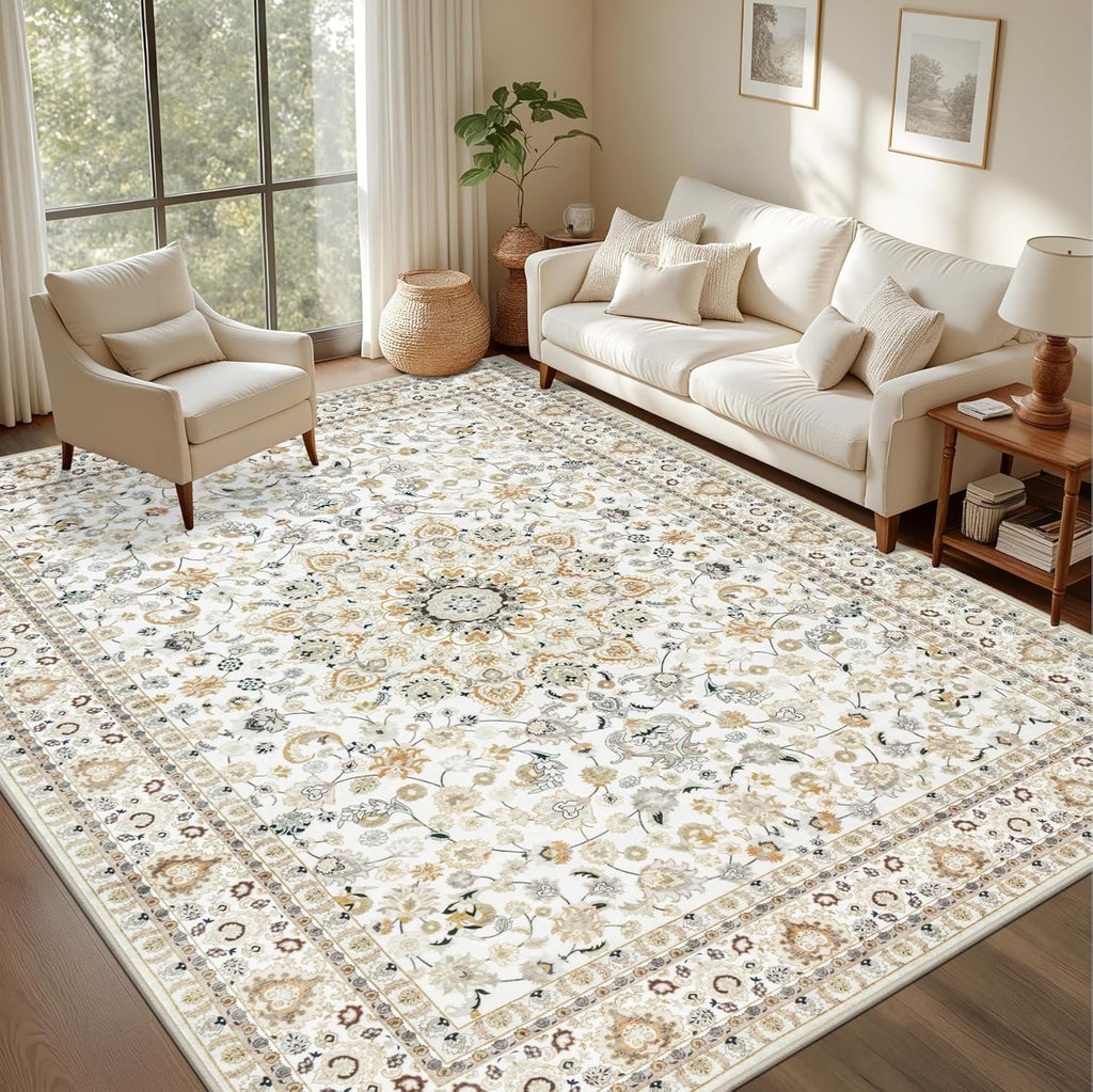 5x7 Area Rugs Living Room Rug: Washable Vintage Boho Rug No Slip Stain Resistant Soft Carpet Indoor Floor Floral