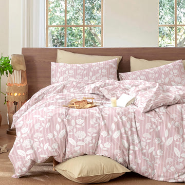 Pink Floral Duvet Cover Set, Blush Pink Leaf Floral Stripe Duvet Cover Set, 3 Piece 100% Cotton Soft