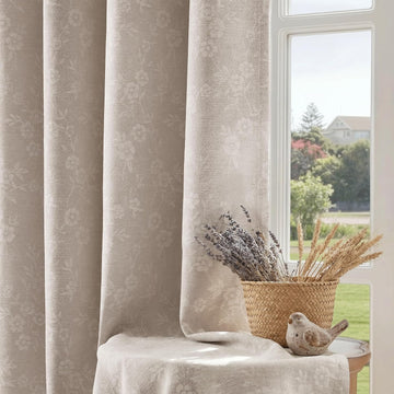 Beige Floral Jacquard Blackout Curtains 84 Inches Long 2 Panels for Living Room Bedroom Chenille Flower Room