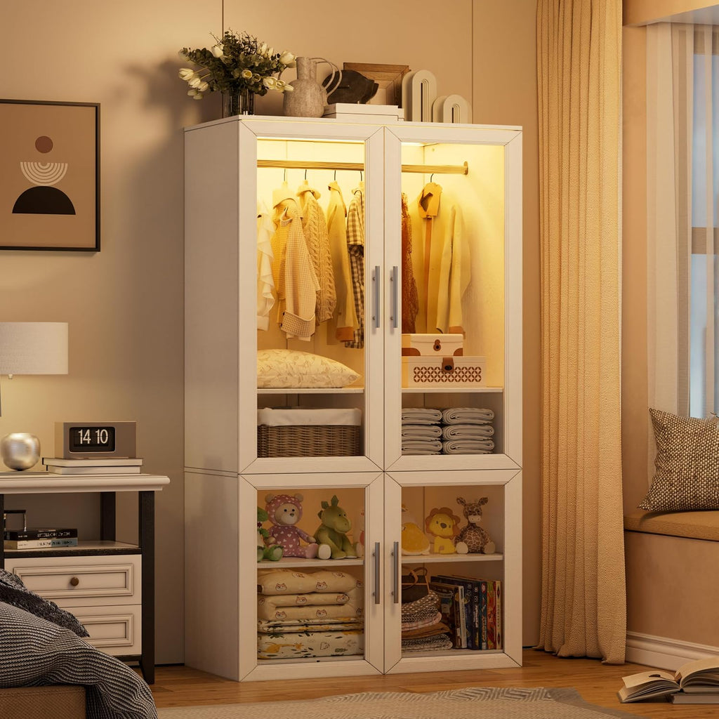 Armoire Wardrobe Closet with Glass Door, Bedroom Closet Wardrobe Cabinet with Hanging Rod, Lighted Freestanding