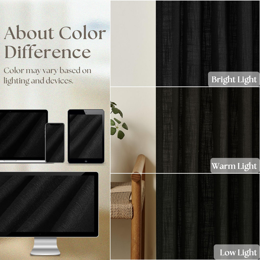 Black Pinch Pleated Linen Semi Sheer 120 Inch Curtains 2 Panels