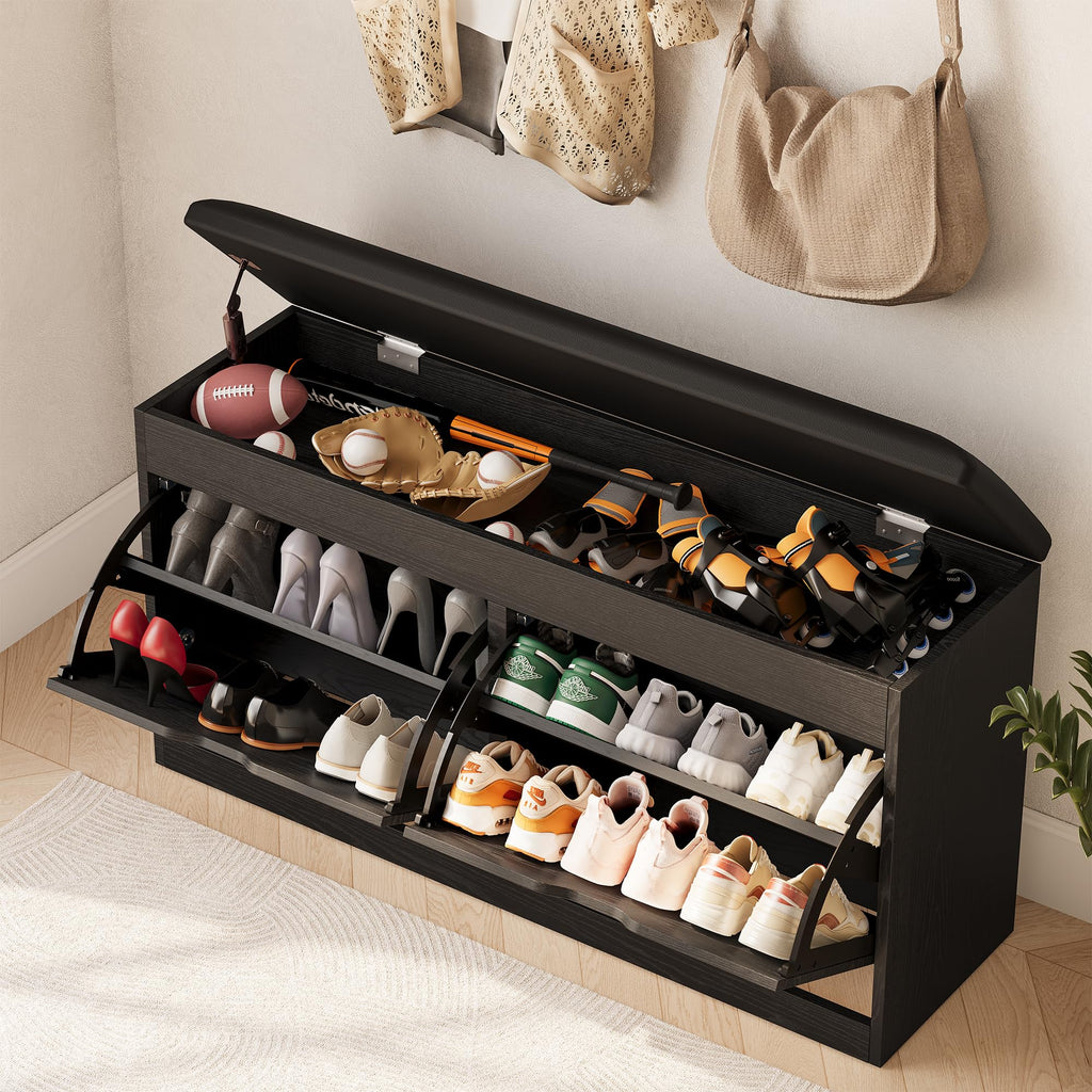40" Shoe Storage Bench with Flip Drawers Padded Seat Cushion, Shoe Cabinet with Lift Top Storage Box, Shoe Bench Shoe