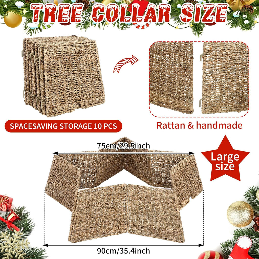 35 Inch Large Woven Christmas Tree Collar Skirt, Rattan, Star