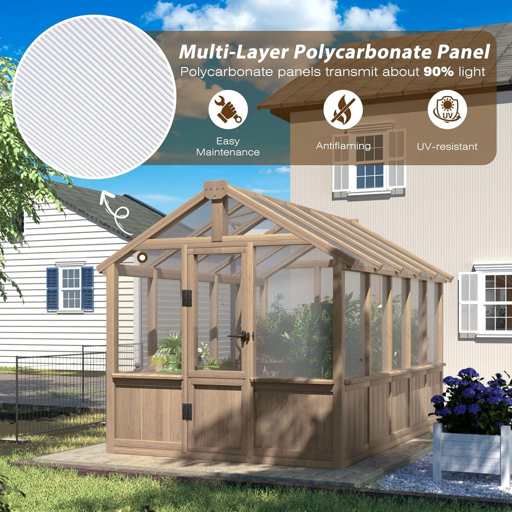 6'x10' Wooden Greenhouse for Outdoor, Heavy Duty Green House Kit with Ventilated Window and Lockable Door, 6mm PC