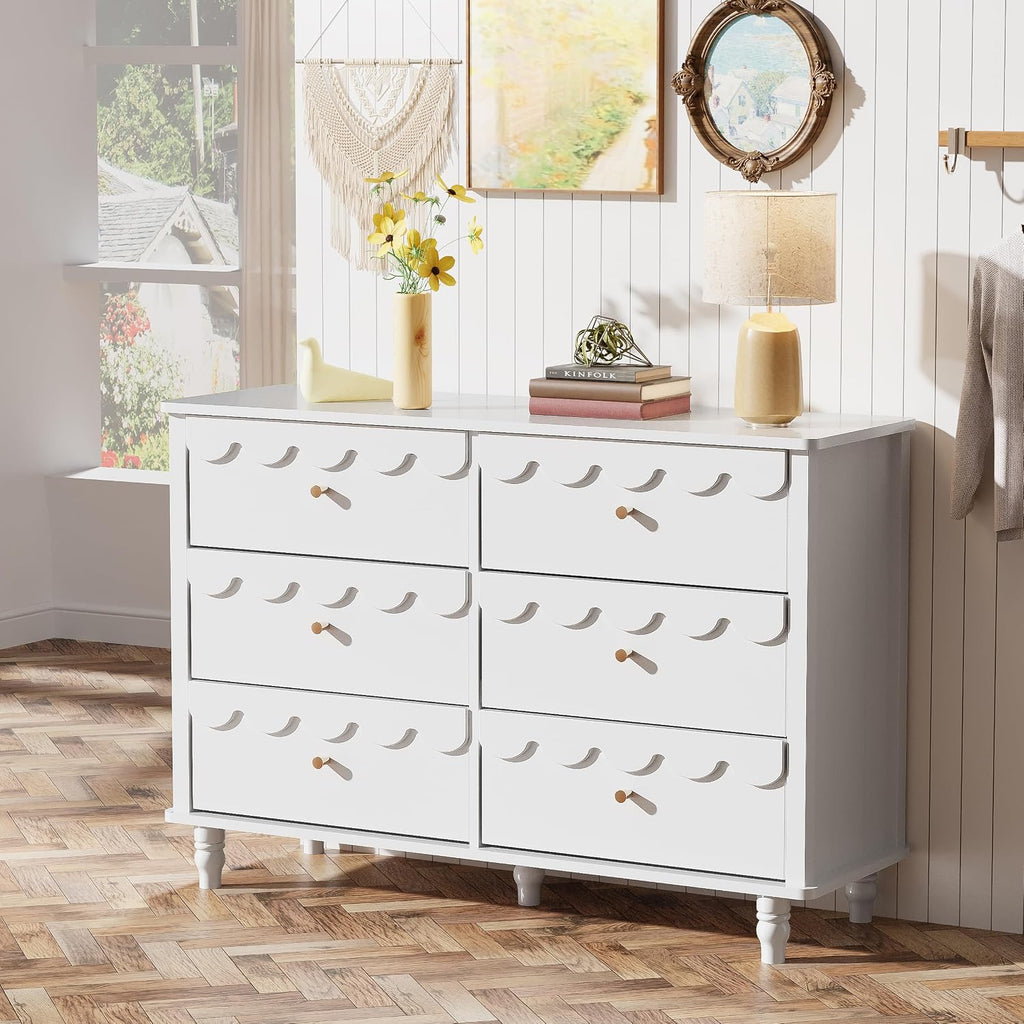 Nursery Chests and Dresser for Kids Bedroom Wood Scalloped 6 Drawer Dresser, Dressers & Chests of Drawers with Metal