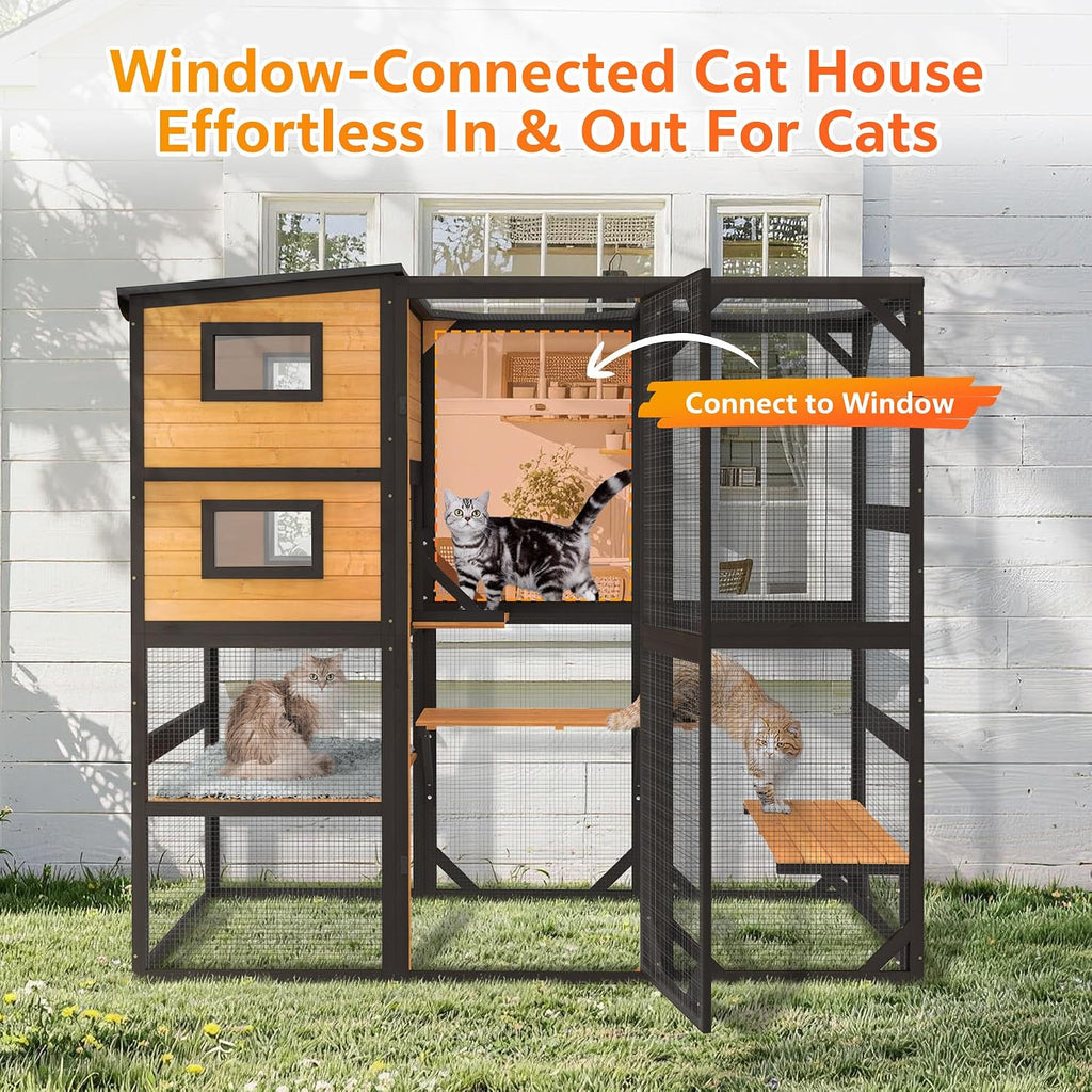 Oversized Catio Outdoor Cat Enclosure, Wooden 4 Tiers Cat Enclosures with Weatherproof Roof, Large Cat Patio Conect