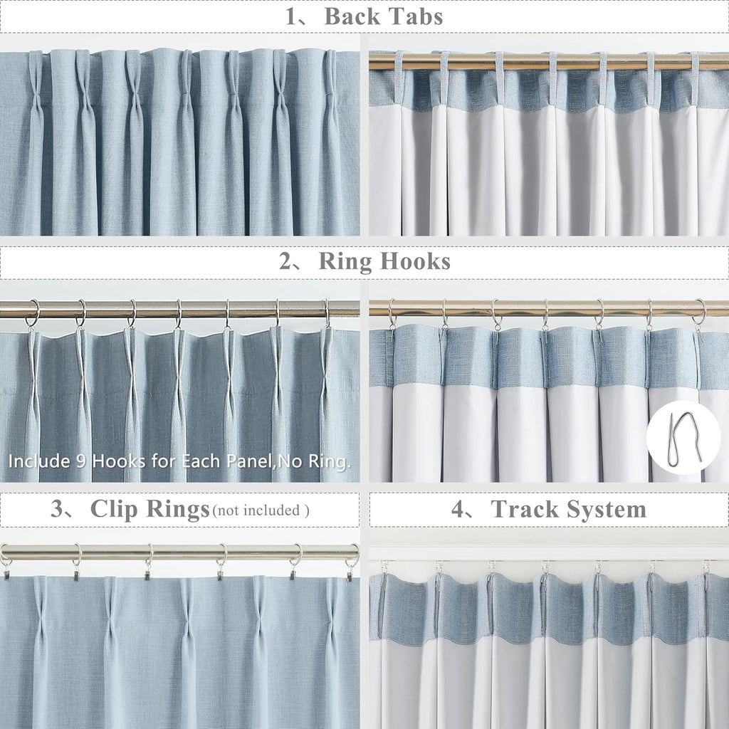 102 Inches Long Dusty Blue Bailey Pinch Pleat Full Blackout Curtains with Liners,Linen Textured Drapes for Modern