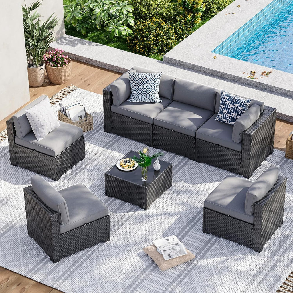 7 Piece Patio Furniture Set Wicker Rattan Patio Sectional Sofa Set Outdoor Seating Furniture with Thickened