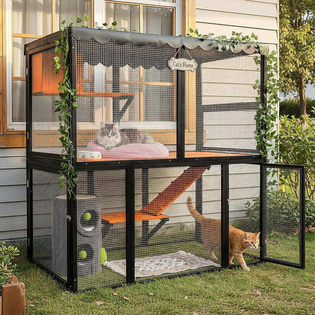 Wooden Catio Outdoor Cat Enclosure, 4-Tier Large Cat House for Multiple Cats with Waterproof Cover and Ramp, Indoor