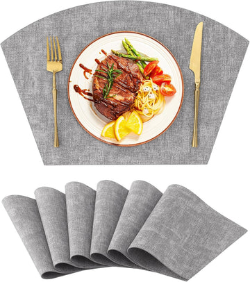 Wedge Faux Leather Placemats for Round Table, Light Grey - Set of 6