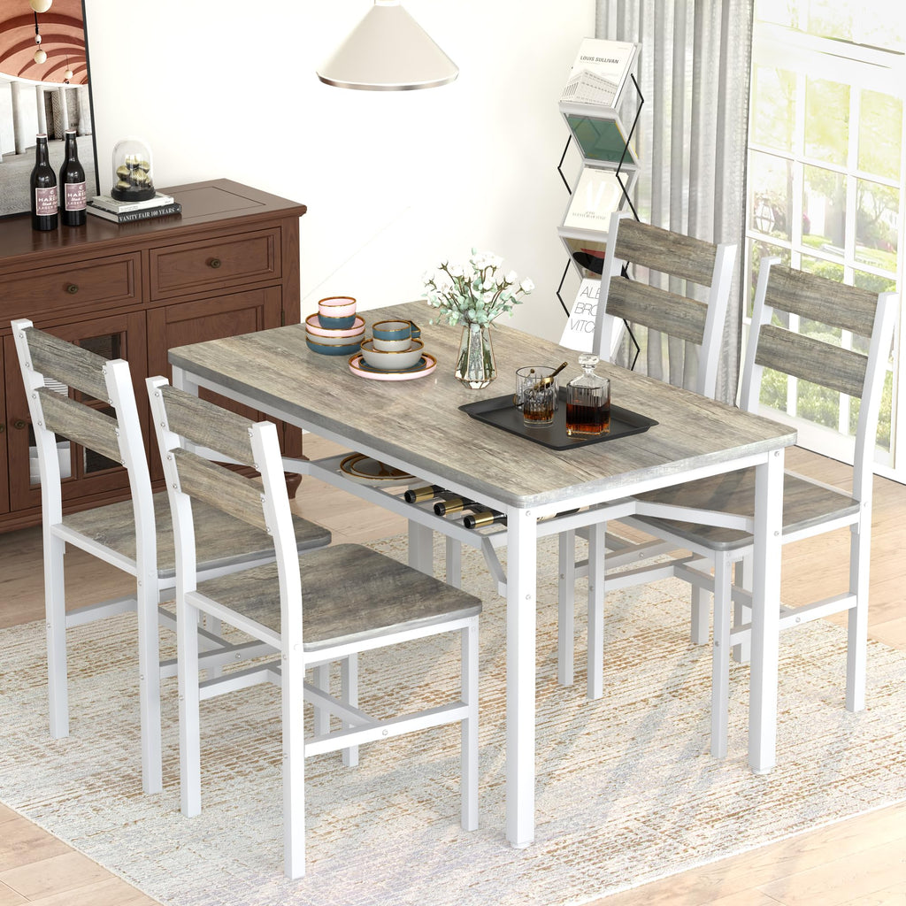 Dining Table Set for 4, Wood Kitchen Table Chairs Set with Storage, Farmhouse 5 Piece Dining Room Table Set