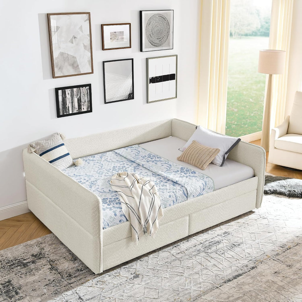 Queen Size Boucle Upholstery Daybed with 2 Drawers, Modern Style Tufted Corner Sofa Bed Frame with Solid Wooden
