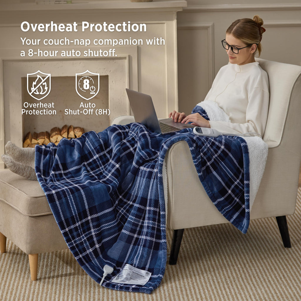 Blue Plaid Heated Throw Blanket, Flannel Sherpa Electric Blanket