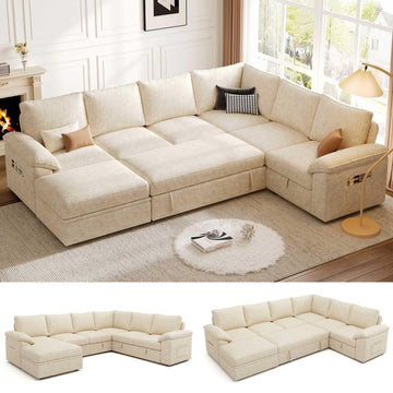 106'' Modular Sectional Sofa with Pull Out Bed, Sleeper Sofa, Beige
